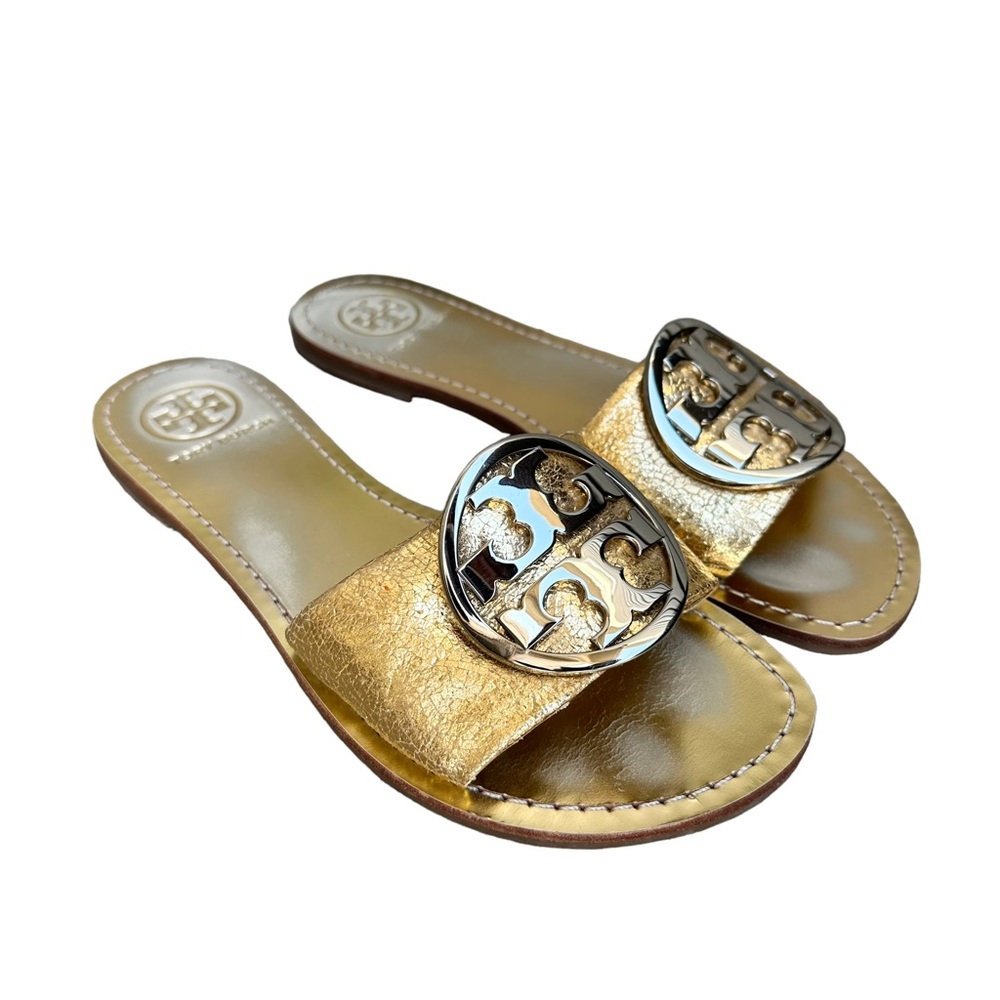 Tory Burch Gold Leather Metallic Flat Slide Sandals Size 6.